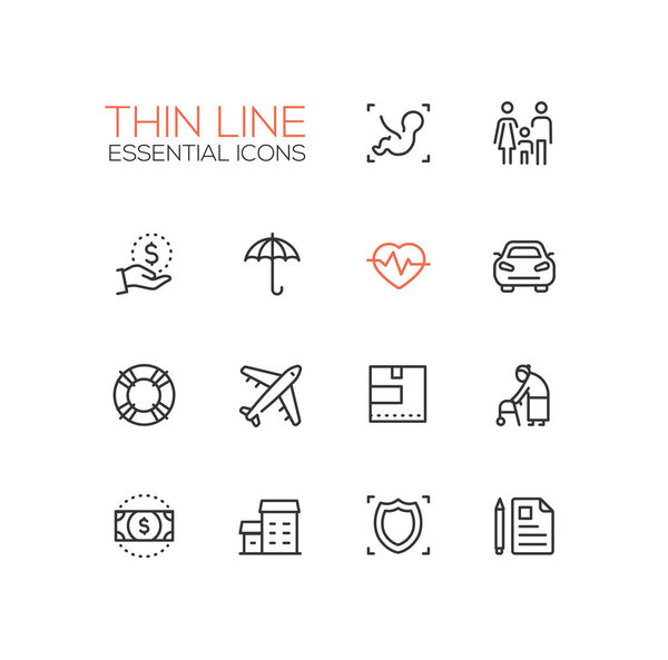 Insurance - modern vector single thin line icons set