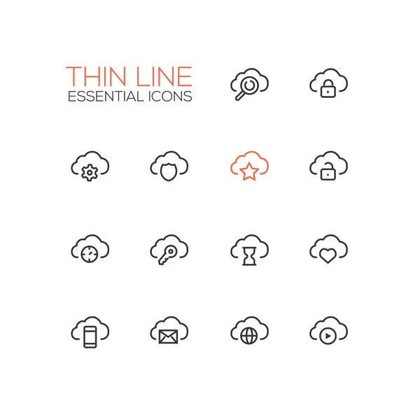 Nubes con símbolos - moderno vector único conjunto de iconos de línea delgada — Vector de stock