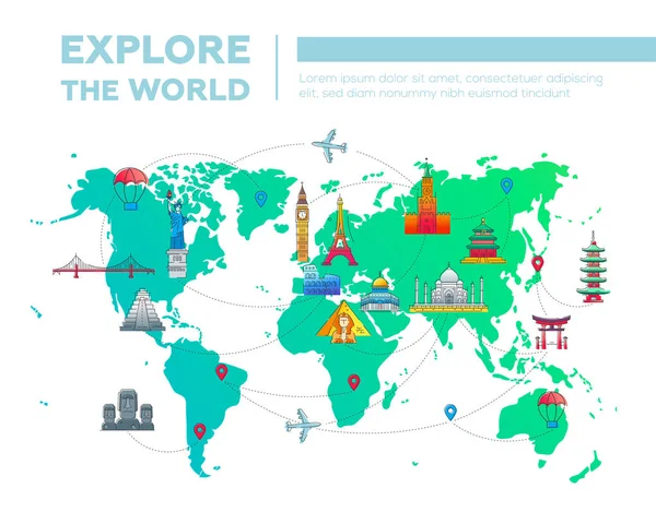 탐구는 세계-유명한 랜드마크 지도 — 스톡 벡터