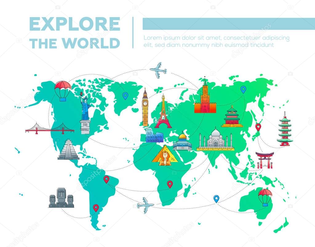 Explore the world - map with famous landmarks