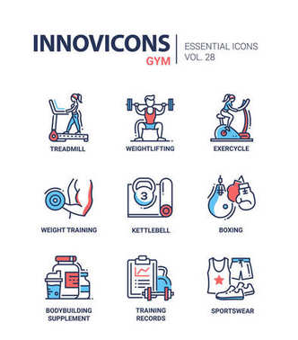 Spor salonu - modern renk vektör tek satır Icons set
