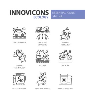 Ekoloji - modern renk vektör tek satır Icons set