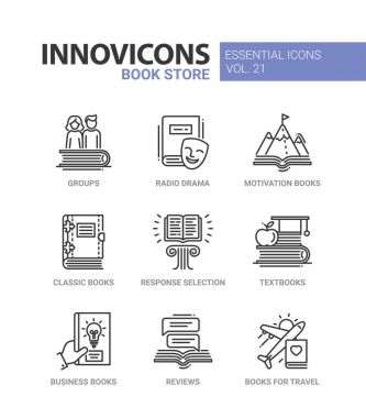 Kitap mağazaları - modern renk vektör tek satır Icons set