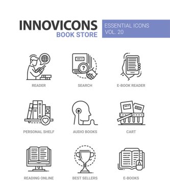 Kitap mağazaları - modern renk vektör tek satır Icon set