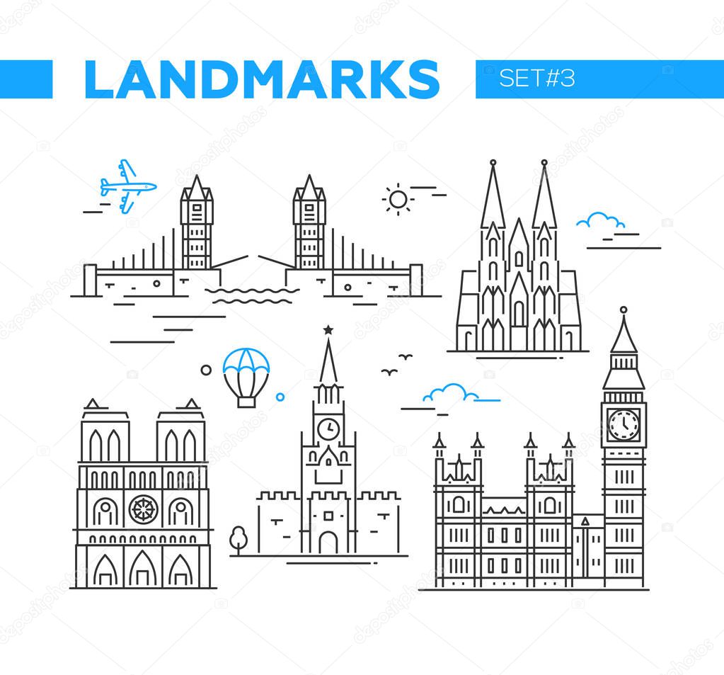 World Famous Landmarks - line design icons set