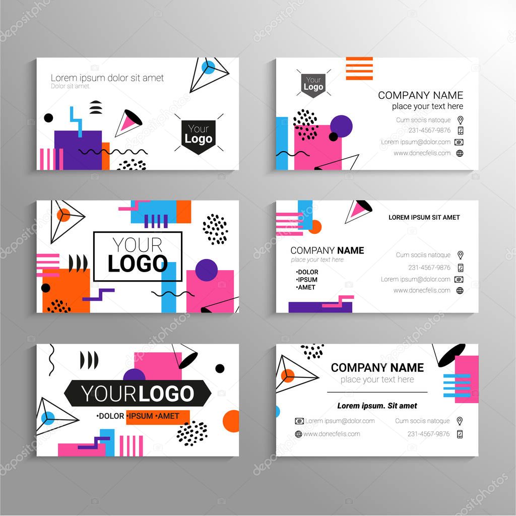 Business cards - vector template with abstract flat design background. Represent yourself or your company, services, contact information. Modern outlook with different shapes. Copy space for your logo