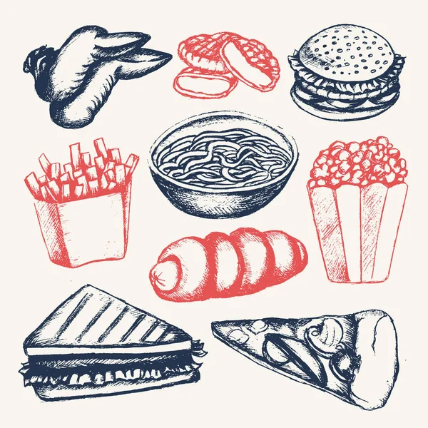 Fast food - ilustração da composição vintage desenhada à mão a cores — Vetor de Stock