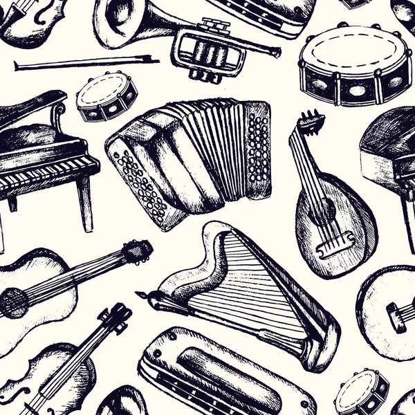 Instruments de musique - un motif sans couture dessiné à la main — Image vectorielle