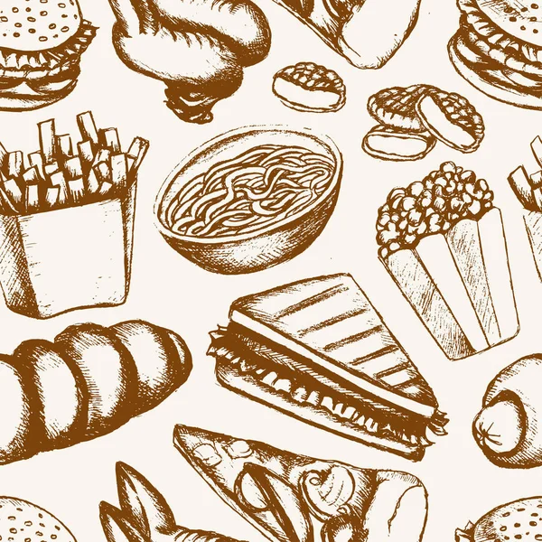 Fast food - um padrão sem costura desenhado à mão cor —  Vetores de Stock