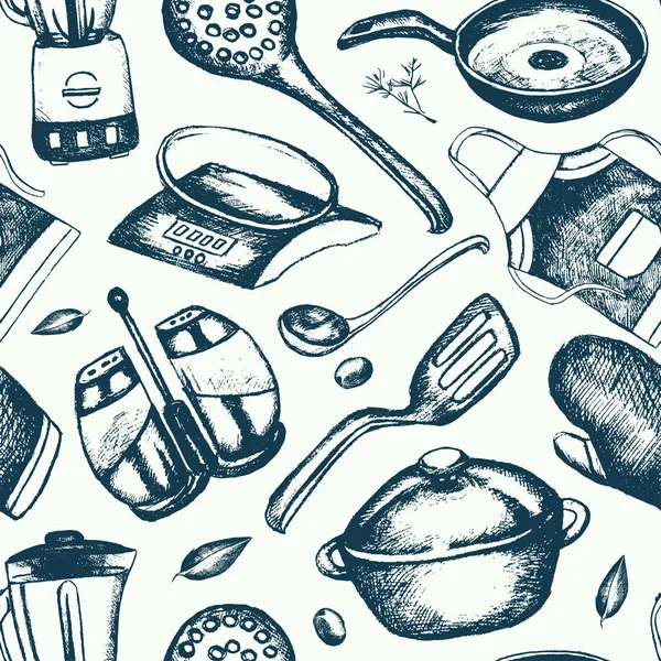 Articles de cuisine - motif sans couture dessiné à la main — Image vectorielle