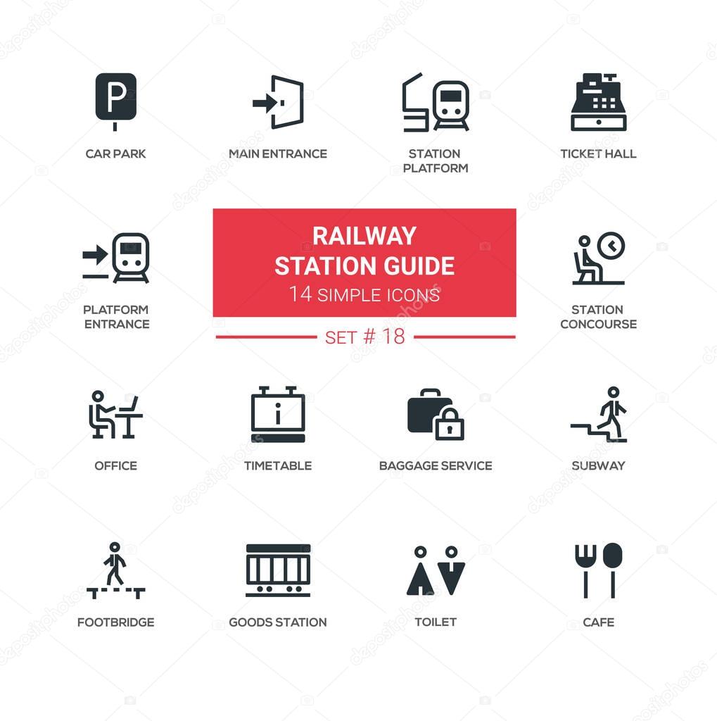 Railway station guide - modern simple icons, pictograms set