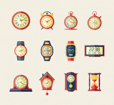 Saatler ve saatler - modern vektör düz tasarım Icons set.