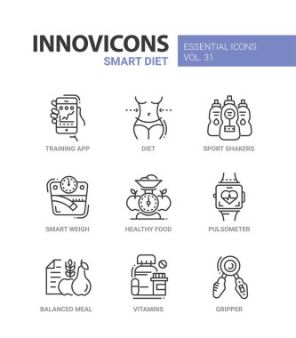 Diyet - modern renk vektör tek satır Icons set