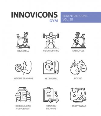 Spor salonu - modern renk vektör tek satır Icons set
