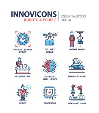 Robotlar ve insanlar - modern vektör hat tasarım Icons set