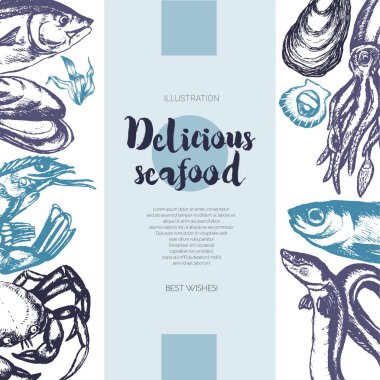 Lezzetli deniz ürünleri - renk çizilmiş vintage afiş şablon.