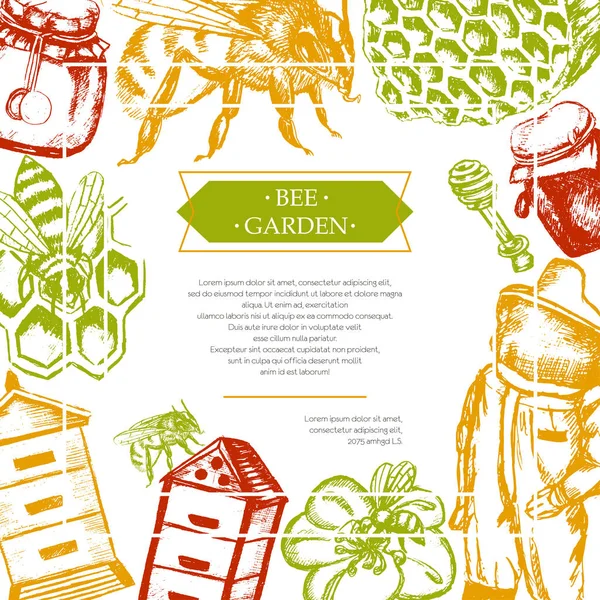 蜜蜂花园-颜色矢量老式明信片模板. — 图库矢量图片