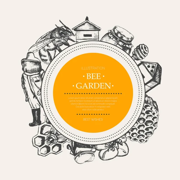 Bee tuin - moderne getrokken ronde sjabloon voor spandoek. — Stockvector