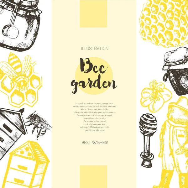 Bee Garden - plantilla de banner vintage dibujado en color . — Archivo Imágenes Vectoriales