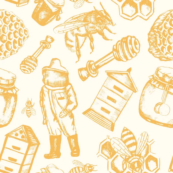 Bee Garden - motif sans couture dessiné à la main — Image vectorielle