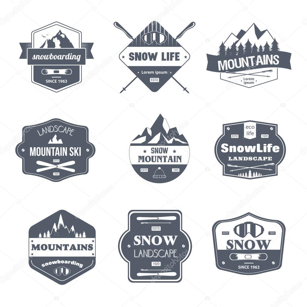 Winter Sport - vector set of vintage template logo insignias. Old fashion style emblems, badges of snowboarding, mountain skiing, snow life landscape. Apparel, leaflet, brochure, sticker design.