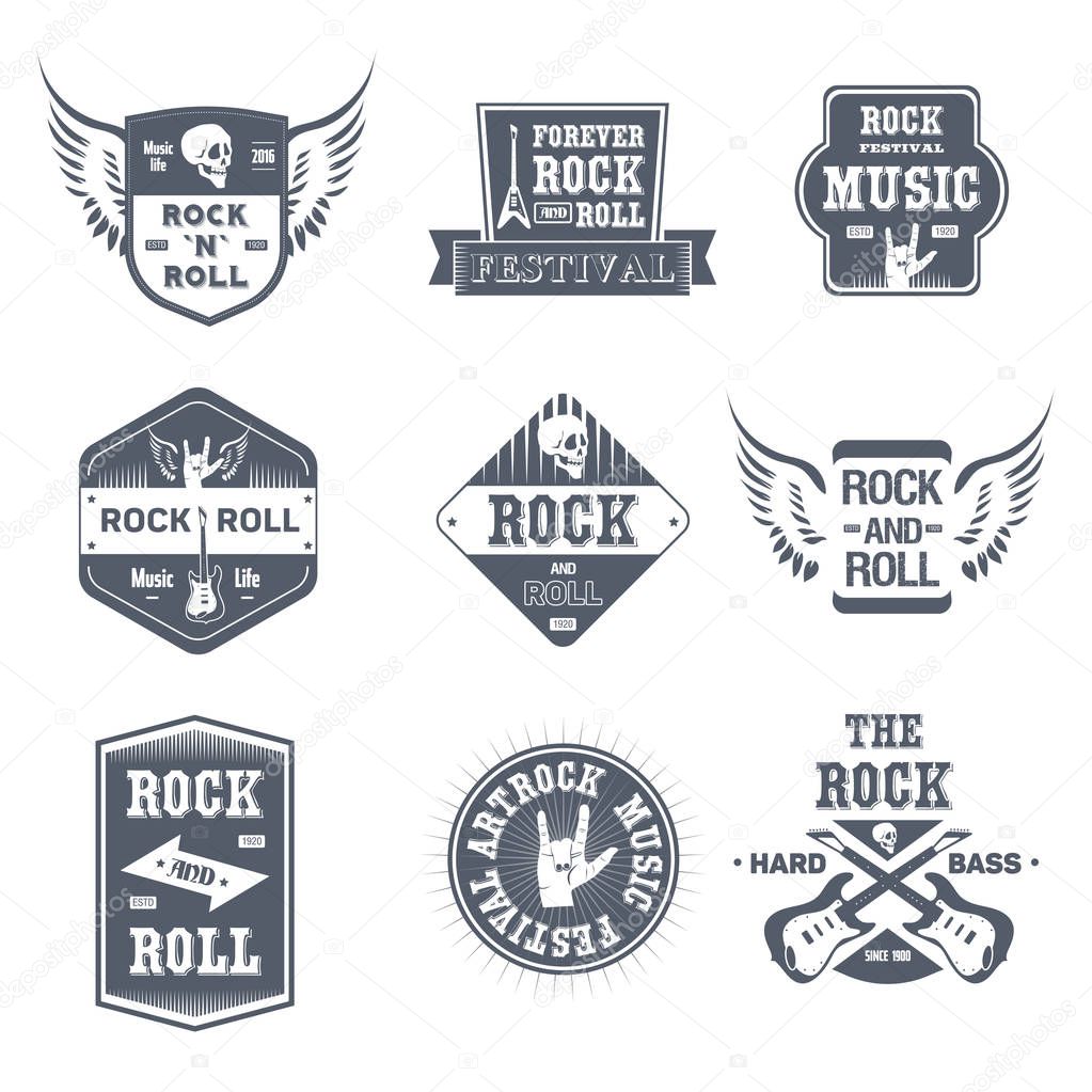 Rock Music - vector set of vintage template logo insignias. Old fashion style emblems, badges of rocknroll festival, hard bass, rock and roll. Apparel, leaflet, brochure, sticker design.