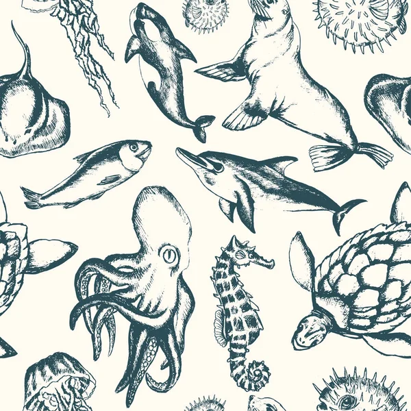 Meeresbewohner - von Hand gezeichnetes nahtloses Muster — Stockvektor