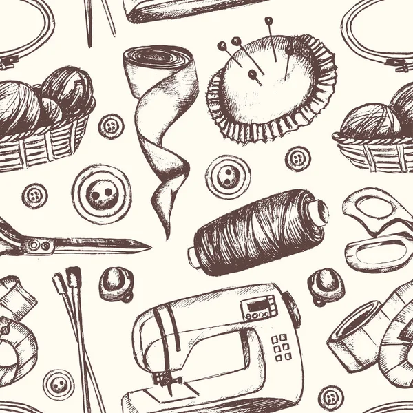 Accesorios de costura - patrón sin costura dibujado a mano — Archivo Imágenes Vectoriales