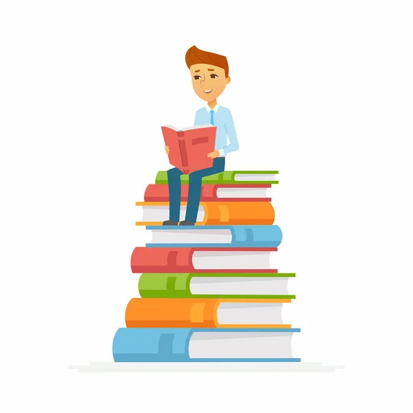 School jongen - karakter van gelukkig kind zittend op boeken — Stockvector