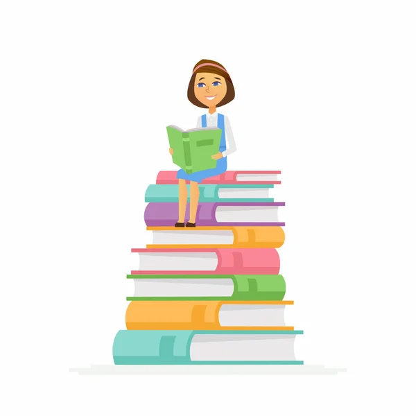 School Girl - personaje de niño feliz sentado en los libros — Vector de stock