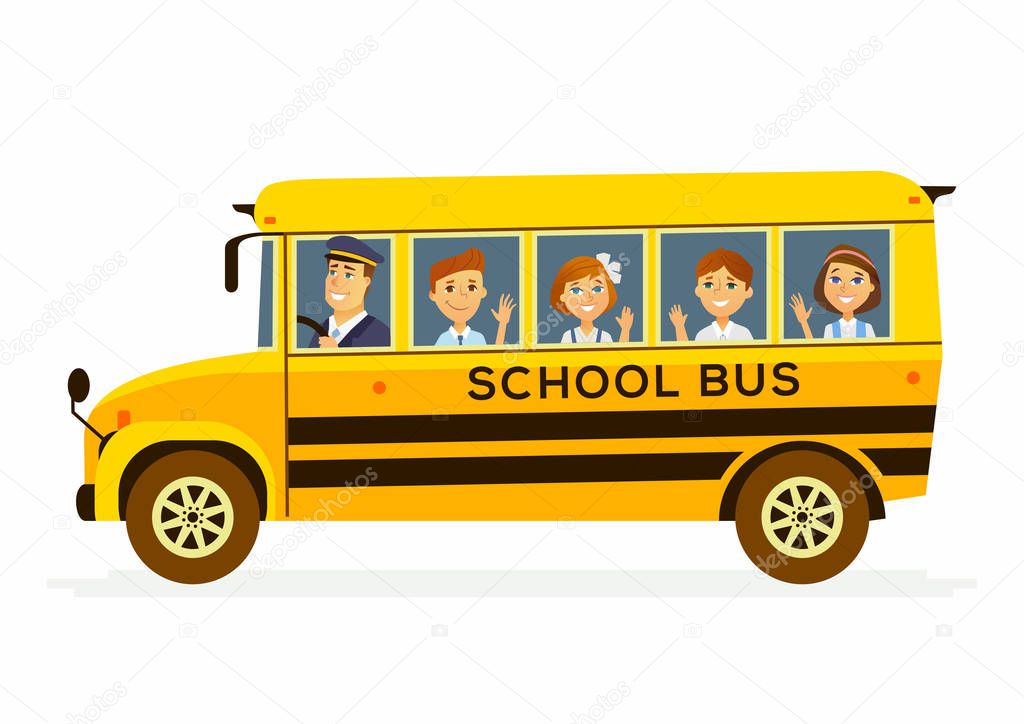 School Bus - characters of happy students in a vehicle