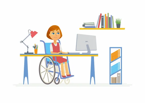 Educação on-line - ilustração de menina da escola com deficiência em casa computador —  Vetores de Stock