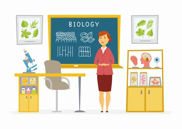 Aula de Biología - composición de la profesora en la pizarra — Vector de stock