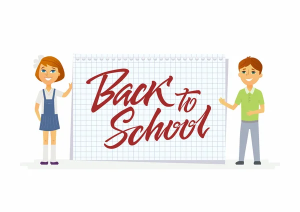 Volver a la escuela - personajes de estudiantes felices con letras de caligrafía — Vector de stock