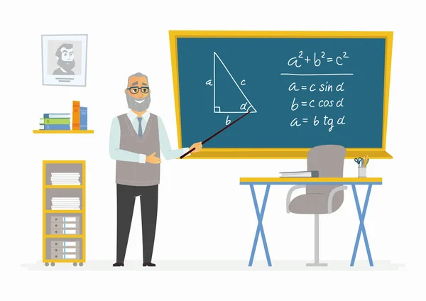 Στην τάξη γεωμετρία - αρσενικό δάσκαλο σύνθεση στο μαυροπίνακα — Διανυσματικό Αρχείο