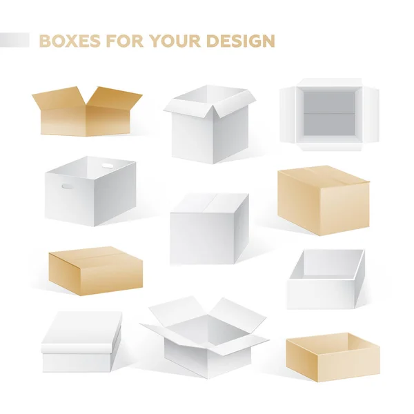 Kutuları - gerçekçi vektör set karton konteyner küçük resimler — Stok Vektör