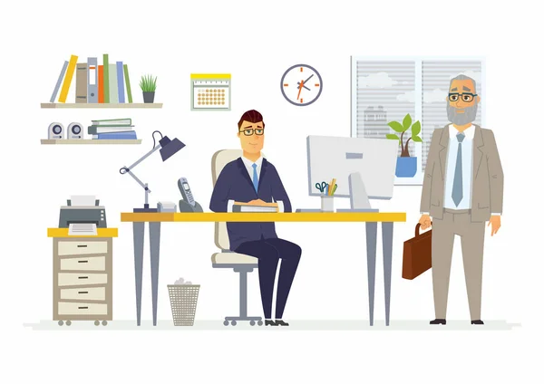 Scenă de birou - desene animate vectoriale moderne ilustrare personaje de afaceri — Vector de stoc