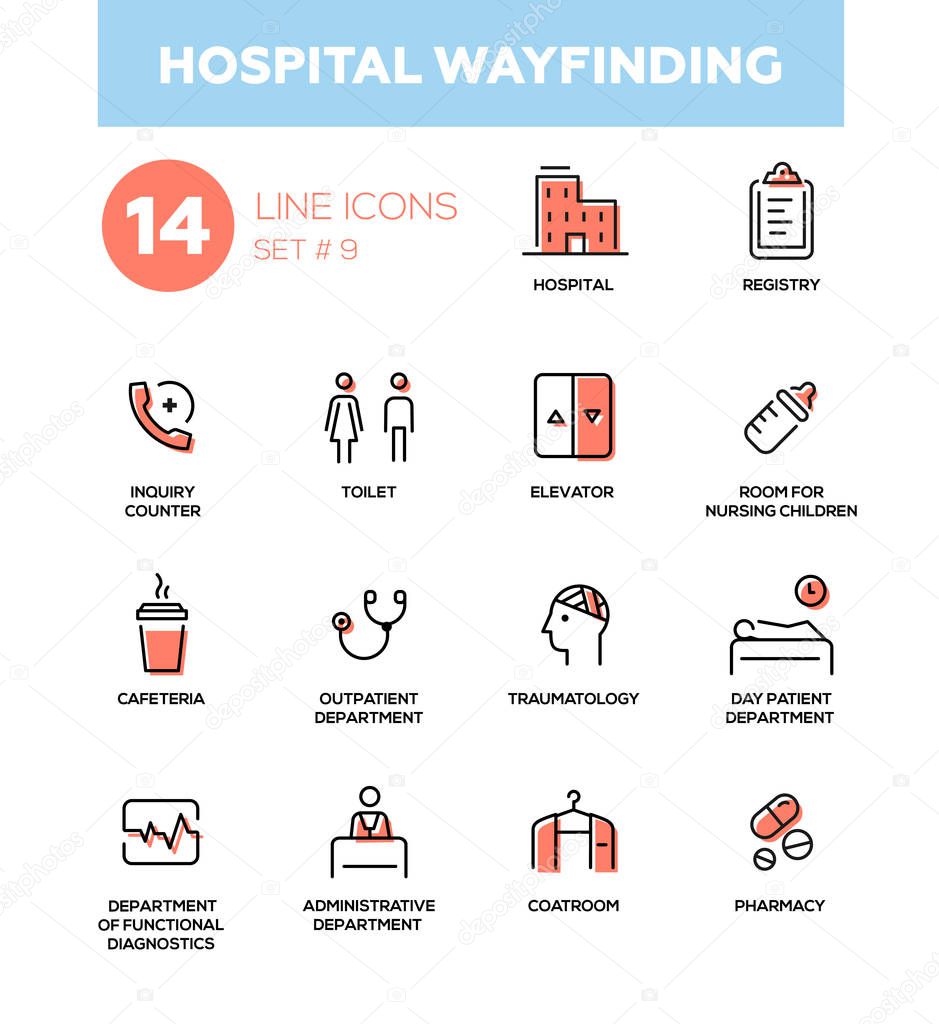 Hospital wayfinding - Modern simple thin line design icons, pictograms set