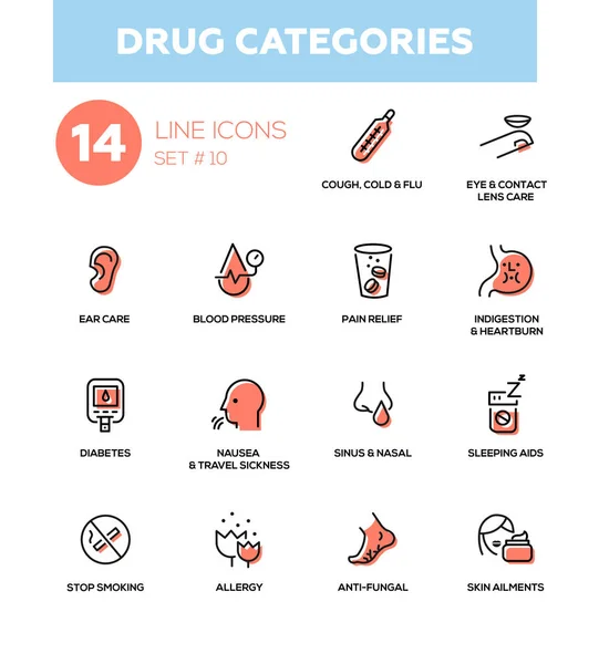 Uyuşturucu Kategoriler - Modern basit ince çizgi tasarım simgeler, sembollerin set — Stok Vektör