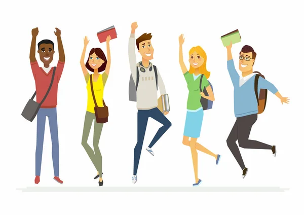 Šťastný skákání studentů vysokých škol - kreslené postavičky lidí, samostatný obrázek — Stockový vektor