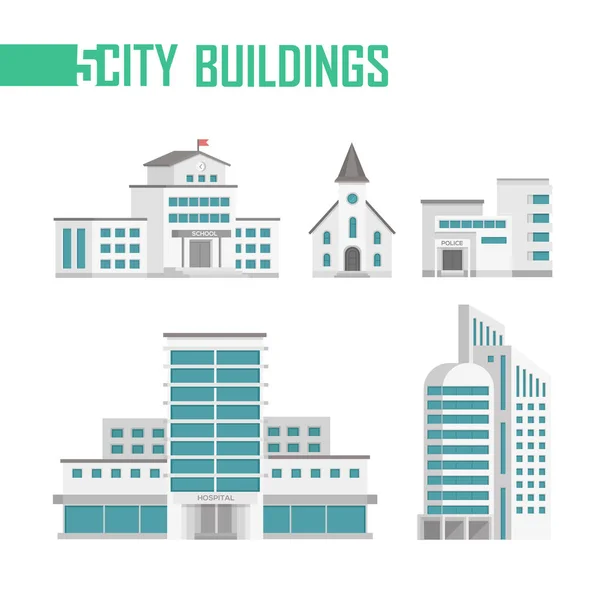 Cinco edificios de la ciudad conjunto de iconos - ilustración vectorial — Vector de stock