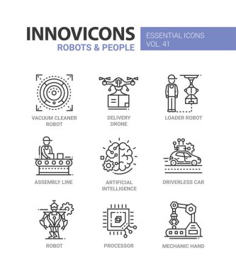 Robotlar ve insanlar - modern vektör hat tasarım Icons set