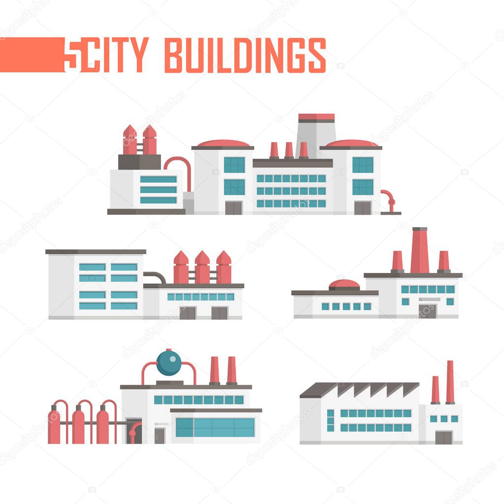 Five city industrial buildings set of icons - vector illustration