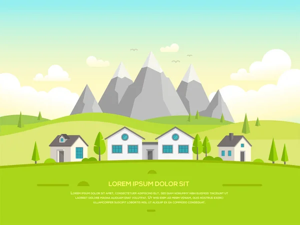 Pequeñas casas junto a las montañas - ilustración vectorial moderna — Vector de stock