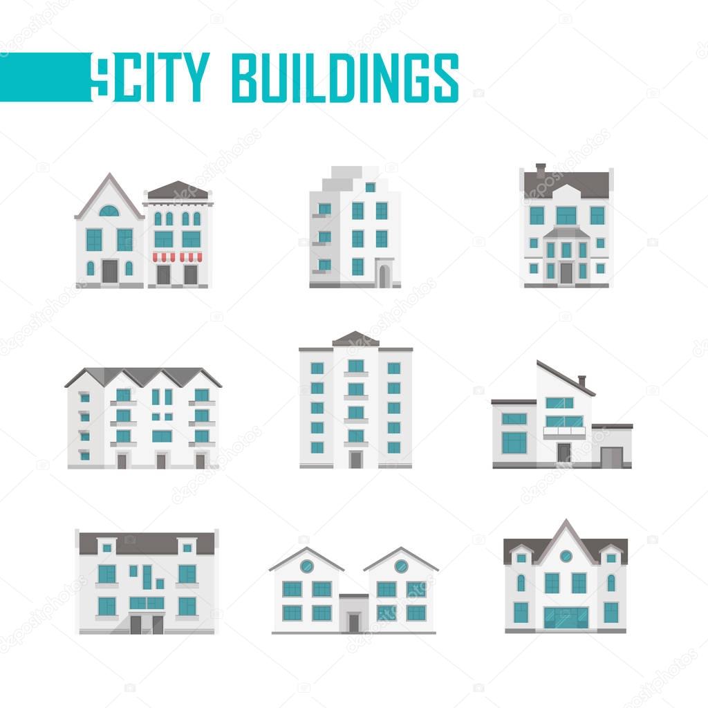 Nine city buildings set of icons - vector illustration