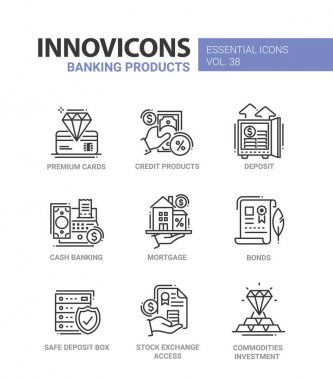 Bankacılık ürünleri - modern vektör hat tasarım Icons set.