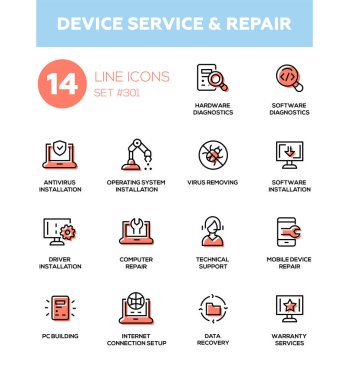 Aygıt hizmet onarım - modern vektör tek satır Icons set