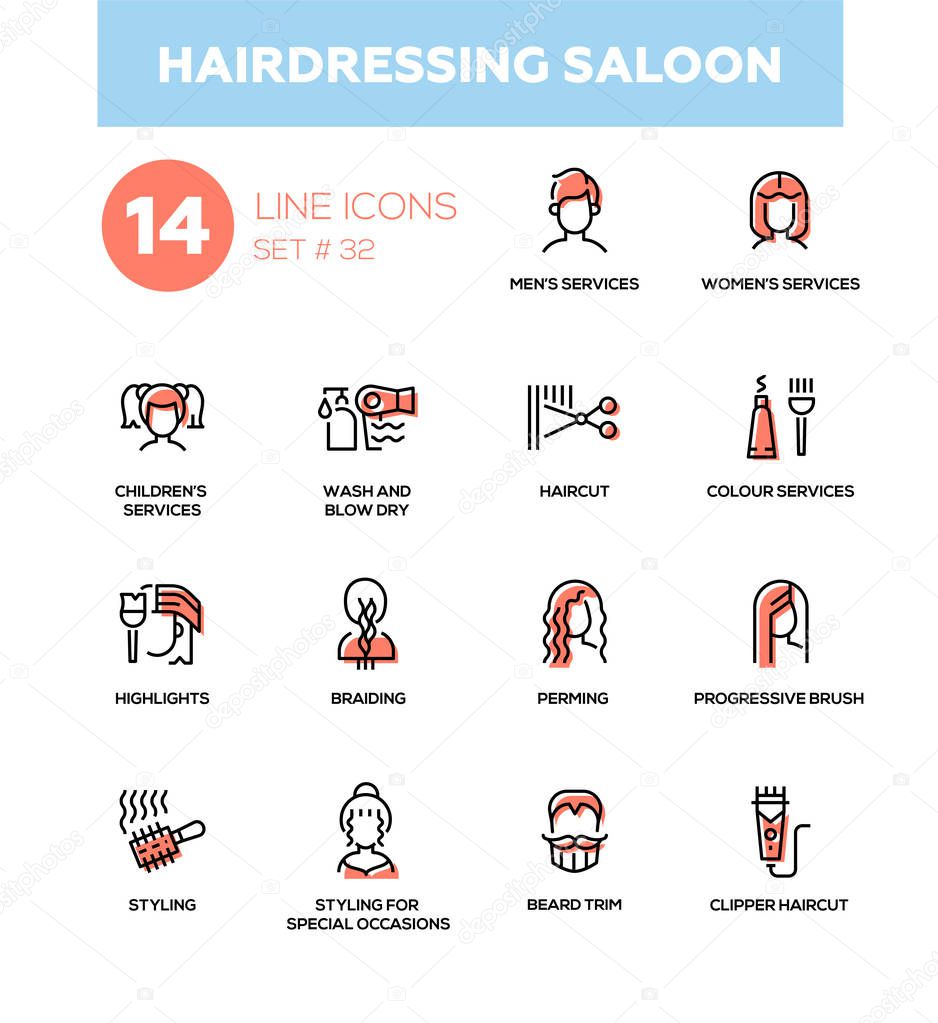 Hairdressing Saloon - modern vector single line icons set