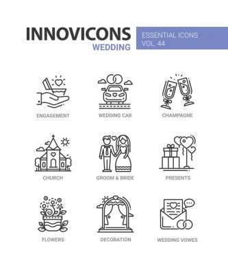 Düğün - modern vektör hat tasarım Icons set