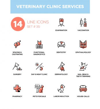 Hayvan hastalıklarıyla ilgili klinik Hizmetleri - modern vektör tek satır Icons set